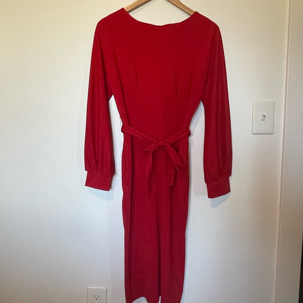 Red tie waist dress.